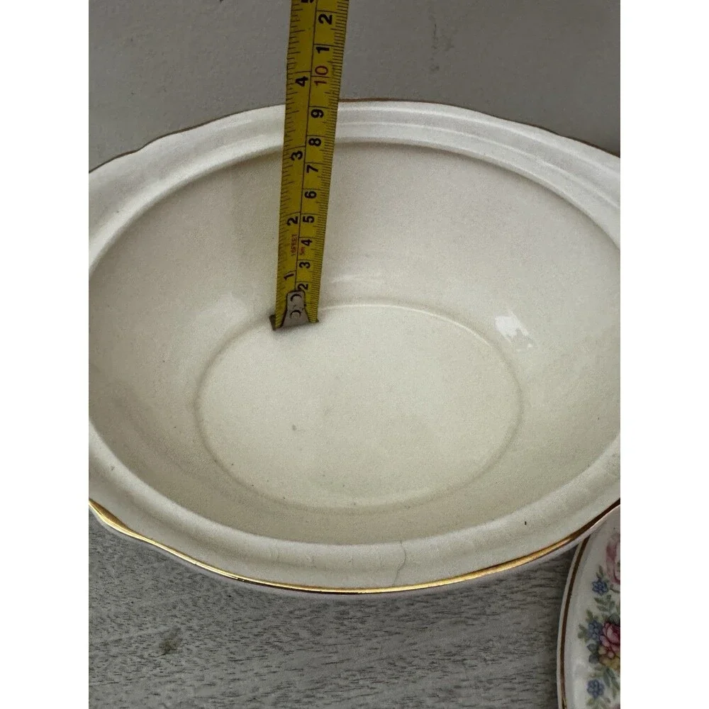 Vintage Edwin M Knowles Covered Vegetable Bowl Pink Roses Gold Trim